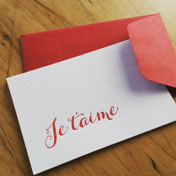 Set of 6 Mini Je t'aime notes letterpress cards, eco-friendly perfect for love of your life