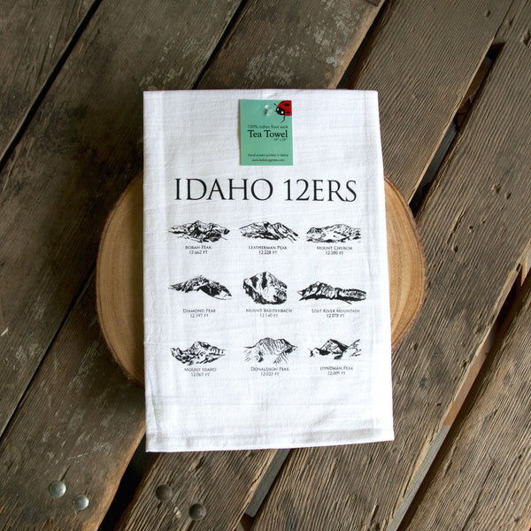 12ers Idaho Mountains Tea Towel, Screen Printed flour sack dish towel