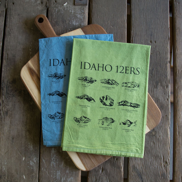 Dyed 12ers Idaho Mountains Peaks Tea Towel, Screen Printed flour sack towel