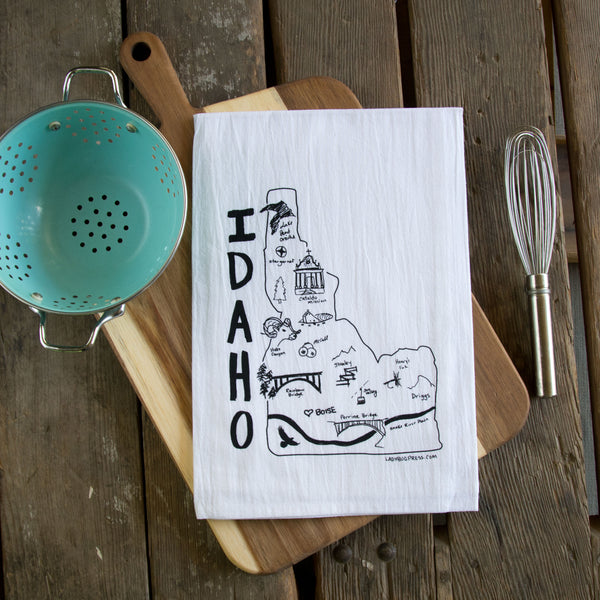 Idaho Map Tea Towel, Screen Printed flour sack towel