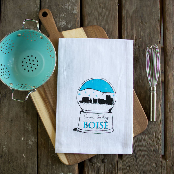 Boise Snowglobe Tea Towel, Screen Printed flour sack towel