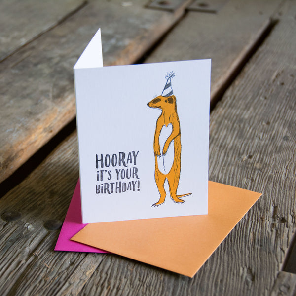 Hooray meerkat, birthday illustration letterpress eco friendly