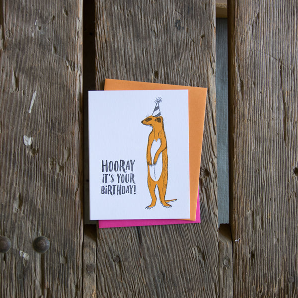 Hooray meerkat, birthday illustration letterpress eco friendly