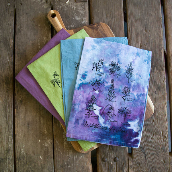 Dyed Wildflowers of Idaho Tea Towel, Screen Printed flour sack dish towel