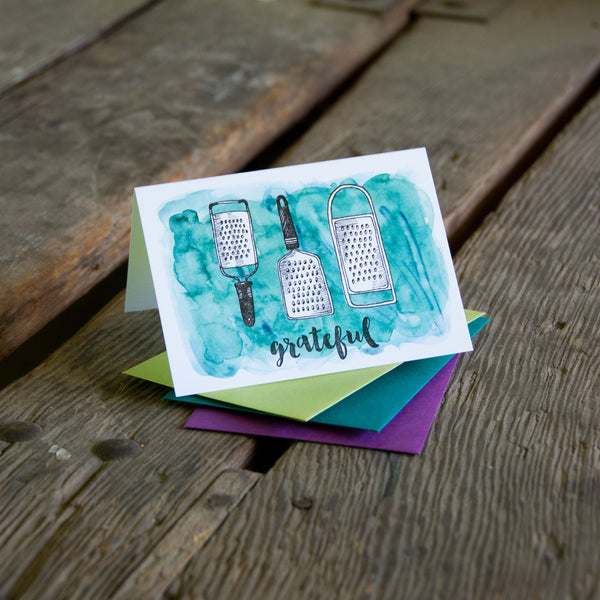 Grateful Card, with vintage graters, letterpress printed eco friendly