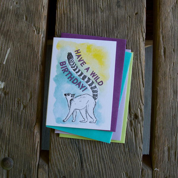 Have a wild birthday, ring tail lemur letterpress printed greeting card