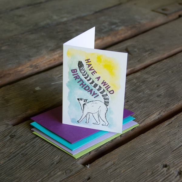 Have a wild birthday, ring tail lemur letterpress printed greeting card