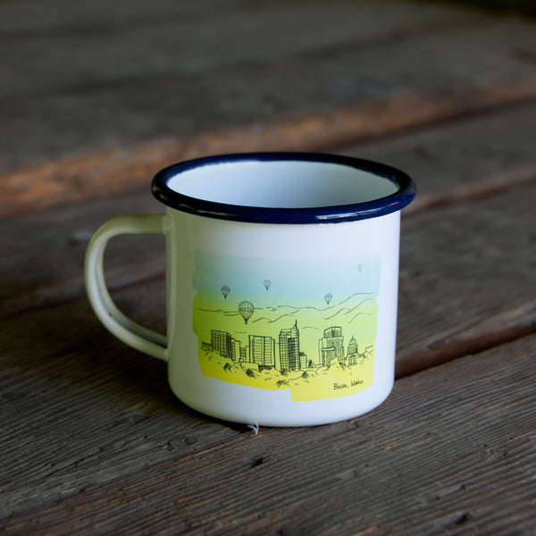 Boise Skyline Watercolor Enamel Mug, watercolor