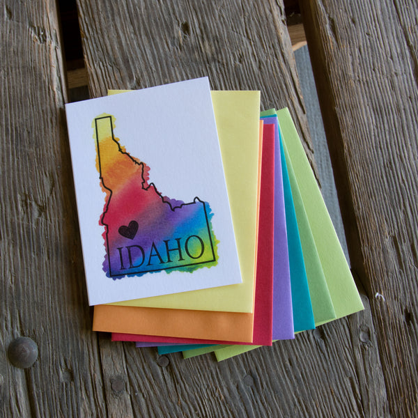 Idaho Heart Rainbow Card, RAINBOW watercolor letterpress printed eco friendly