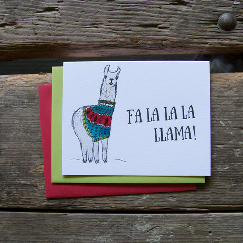 Fa la la Llama Card, letterpress printed hand drawn llama eco friendly