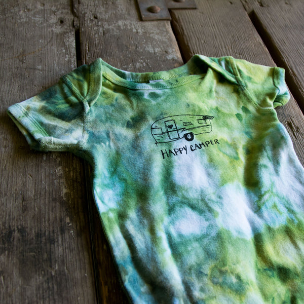 Happy camper onesie, eco-friendly waterbased inks