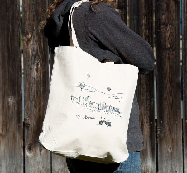 Boise Skyline Balloon Tote Bag, Screen Printed Large heavy duty canvas bag