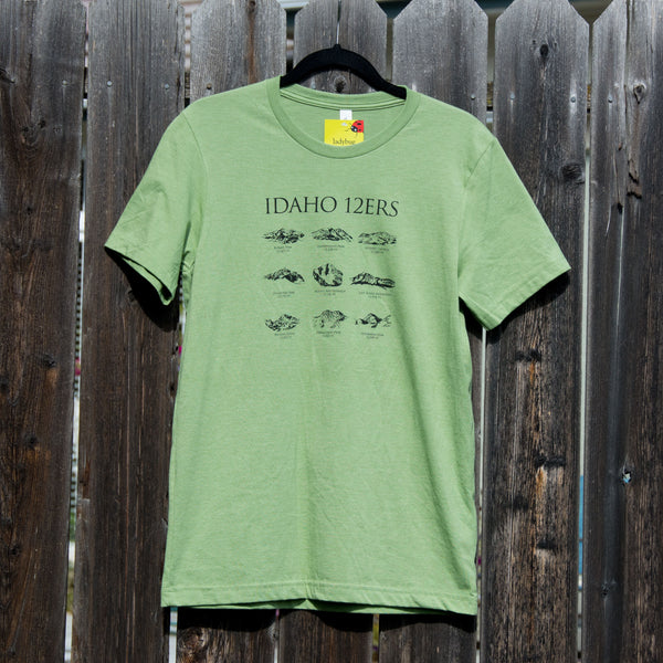 Men's Idaho 12ers Mountain Peaks T-shirt, screen printed with eco-friendly waterbased inks, men's sizes