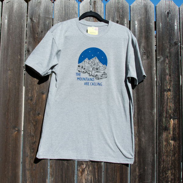 Mountains are Calling T-shirt, screen printed with eco-friendly waterbased inks, adult sizes
