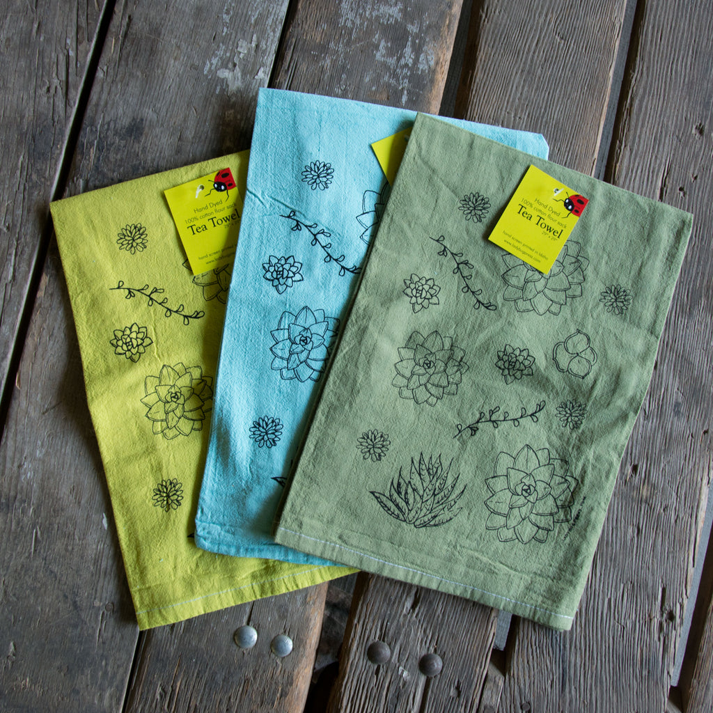 succulent towels Dyed Succulent Tea Towel, Screen Printed flour sack towel