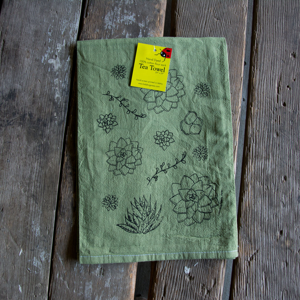 succulent kitchen towels Dyed Succulent Tea Towel, Screen Printed flour sack towel