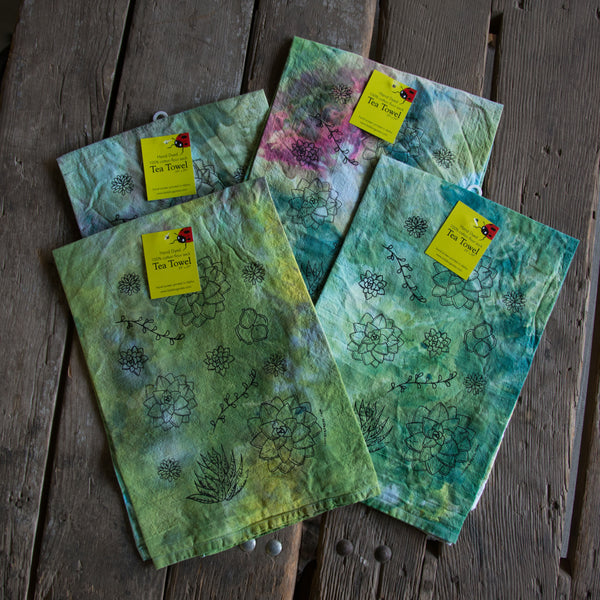 Dyed Succulent Tea Towel, Screen Printed flour sack towel