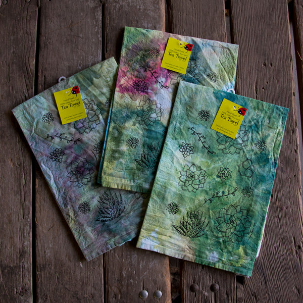 Dyed Succulent Tea Towel, Screen Printed flour sack towel