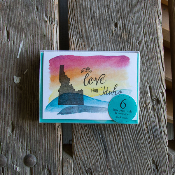 With love from Idaho card, hand water colored, letterpress printed eco friendly