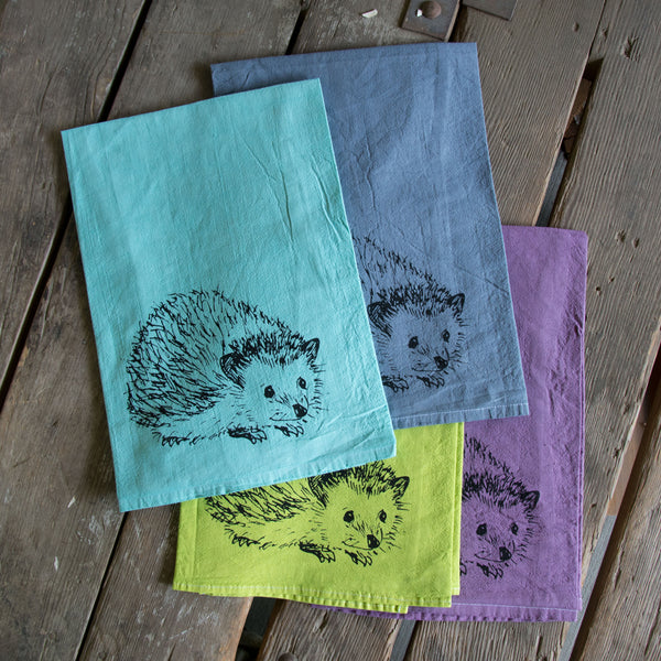 Dyed Hedgehog Tea Towel, Screen Printed flour sack