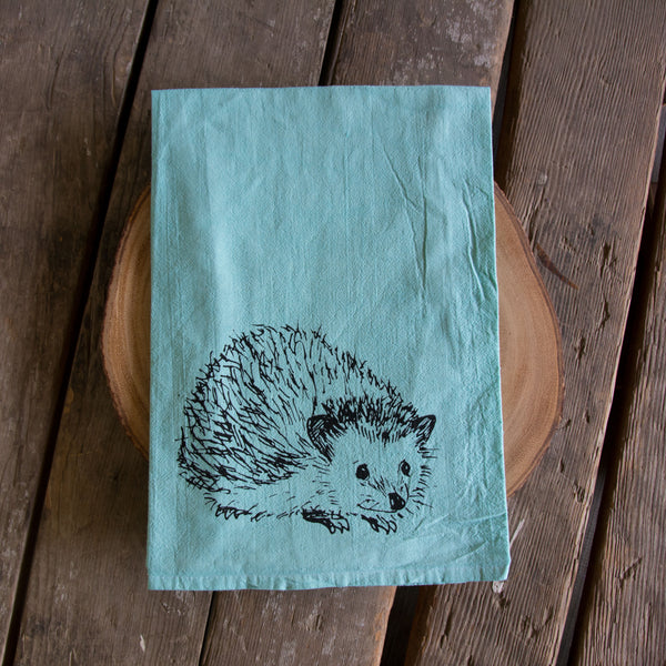 Dyed Hedgehog Tea Towel, Screen Printed flour sack
