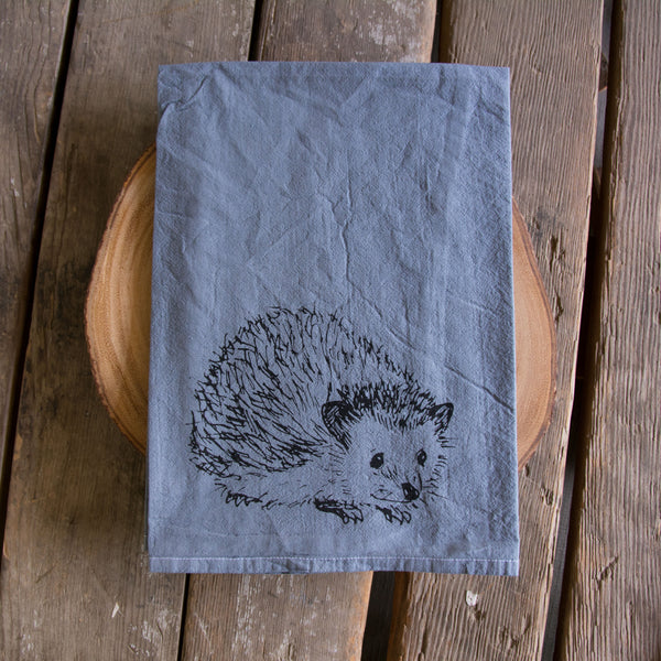 Dyed Hedgehog Tea Towel, Screen Printed flour sack