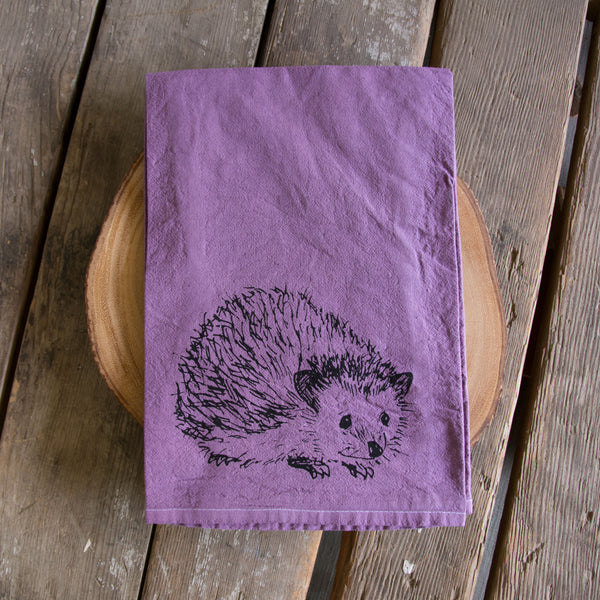 Dyed Hedgehog Tea Towel, Screen Printed flour sack