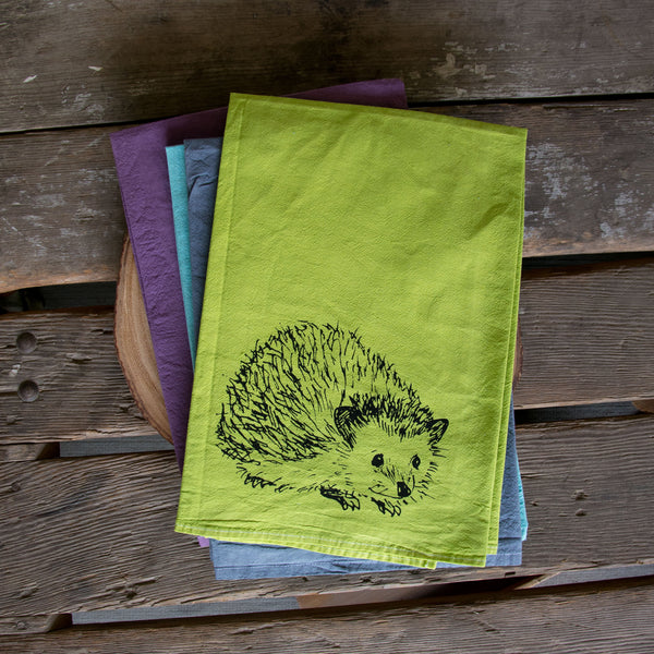 Dyed Hedgehog Tea Towel, Screen Printed flour sack