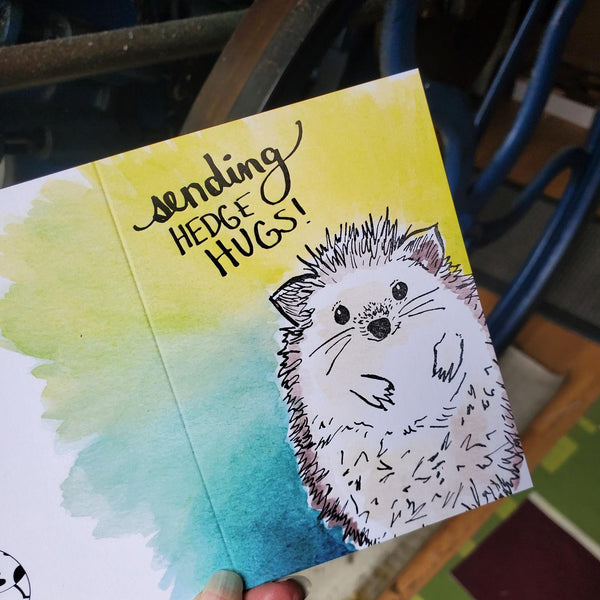 Sending Hedgehog hugs, letterpress printed hand drawn eco friendly