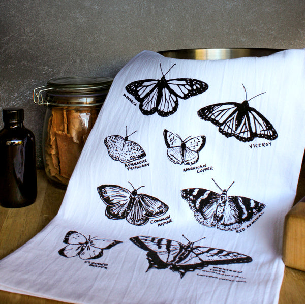 Butterfly Tea Towel, Screen Printed flour sack dish towel