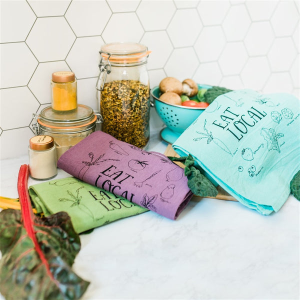 Dyed Eat Local Tea Towel, Screen Printed flour sack towel
