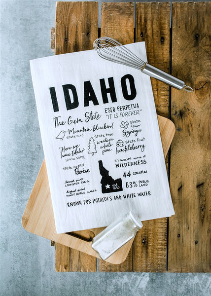 Idaho Facts Tea Towel, Hand drawn and Screen Printed flour sack towel