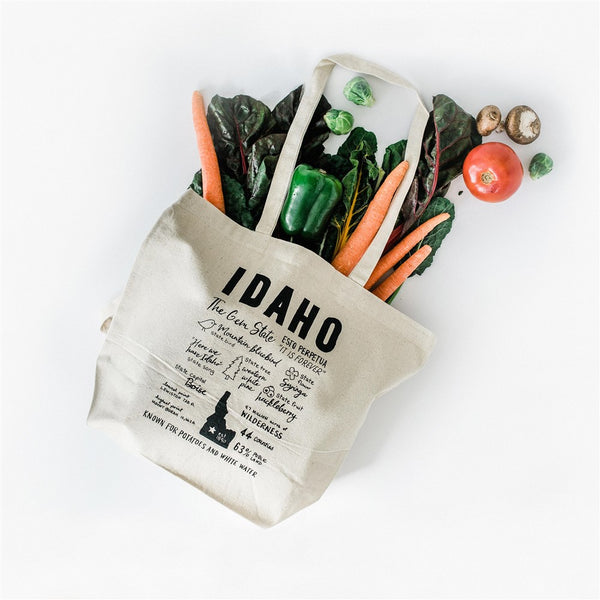 Idaho Facts Tote Bag, Screen Printed Large heavy duty canvas bag