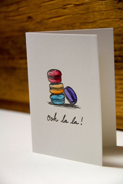 Ooh la la Macaron card, hand water colored, letterpress printed eco friendly