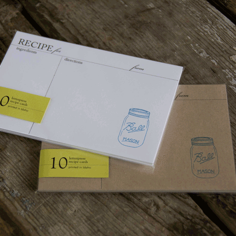 Mason Jar RECIPE CARDS, modern design (Letterpress printed, 4x6 inches)